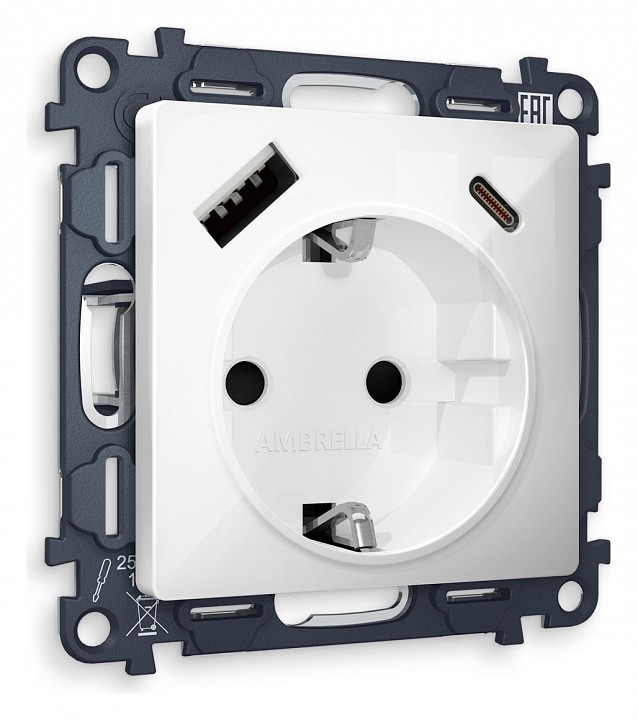 Розетка с заземлением и 2хusb type a и c, Без рамки ambrella volt quant ma110010