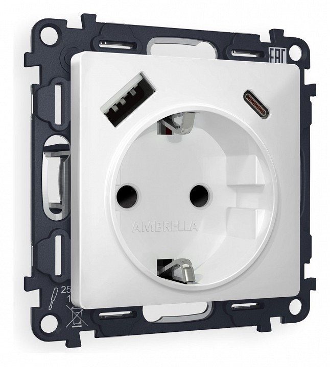 Розетка с заземлением и 2хusb type a и c, Без рамки ambrella volt quant ma130010