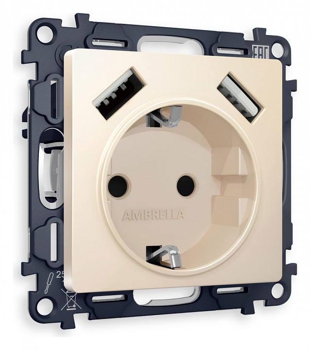 Розетка с заземлением и со шторкой и 2хusb type a, Без рамки ambrella volt quant ma329010