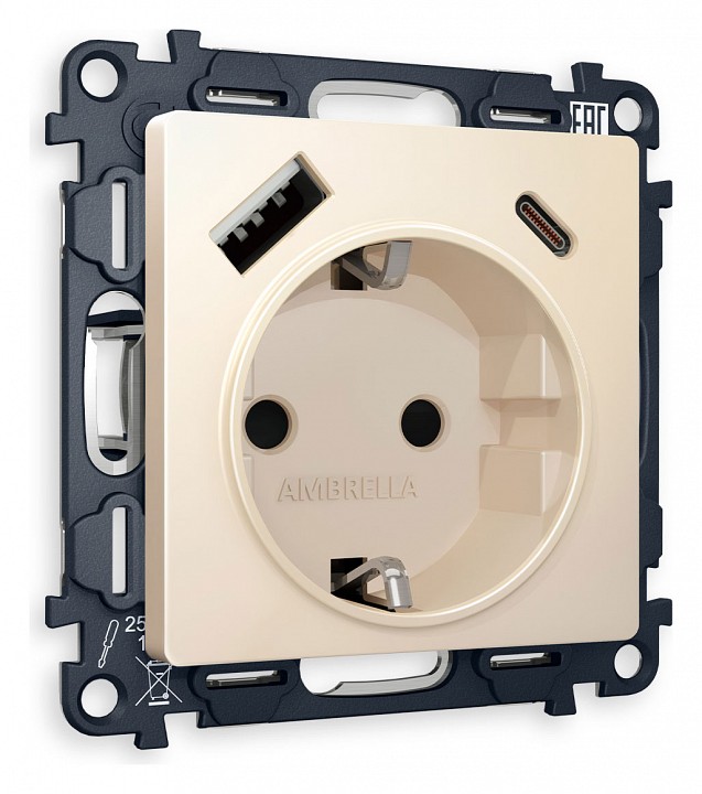 Розетка с заземлением и 2хusb type a и c, Без рамки ambrella volt quant ma330010