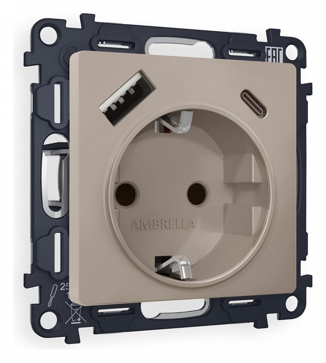 Розетка с заземлением и 2хusb type a и c, Без рамки ambrella volt quant ma370010