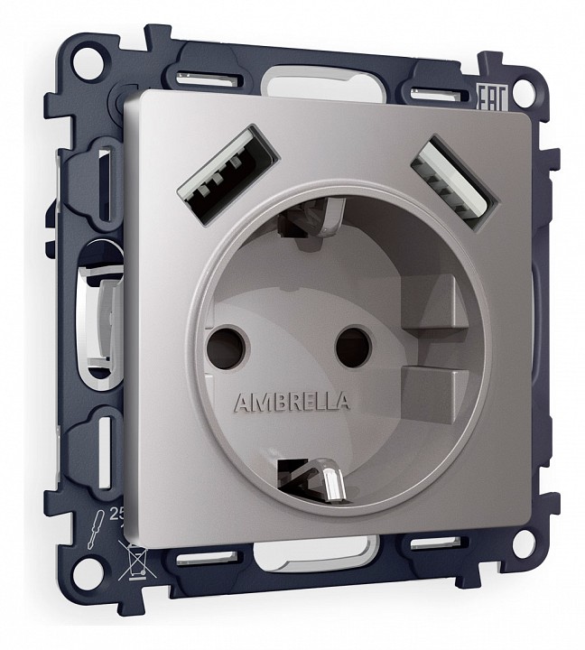 Розетка с заземлением и со шторкой и 2хusb type a, Без рамки ambrella volt quant ma509010