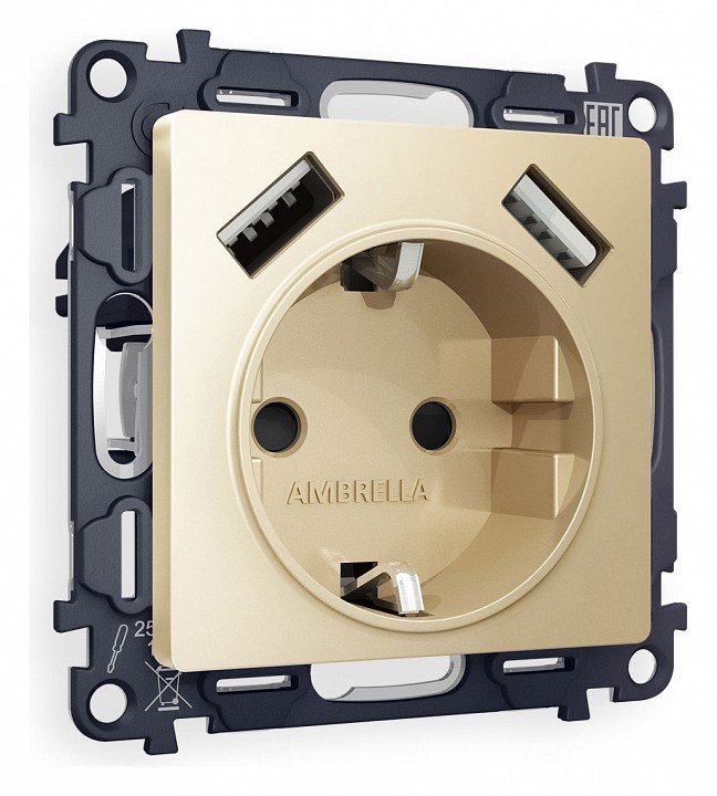 Розетка с заземлением и со шторкой и 2хusb type a, Без рамки ambrella volt quant ma609010
