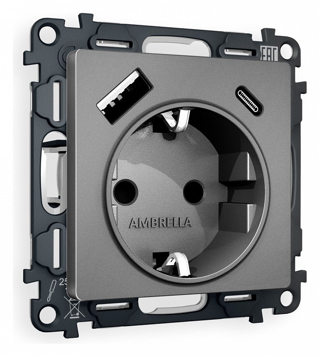 Розетка с заземлением и 2хusb type a и c, Без рамки ambrella volt quant ma660010