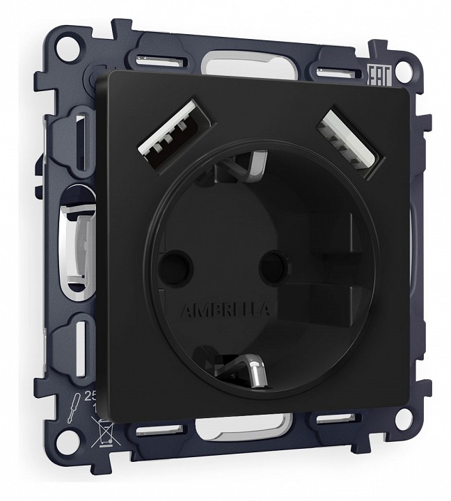 Розетка с заземлением и со шторкой и 2хusb type a, Без рамки ambrella volt quant ma809010