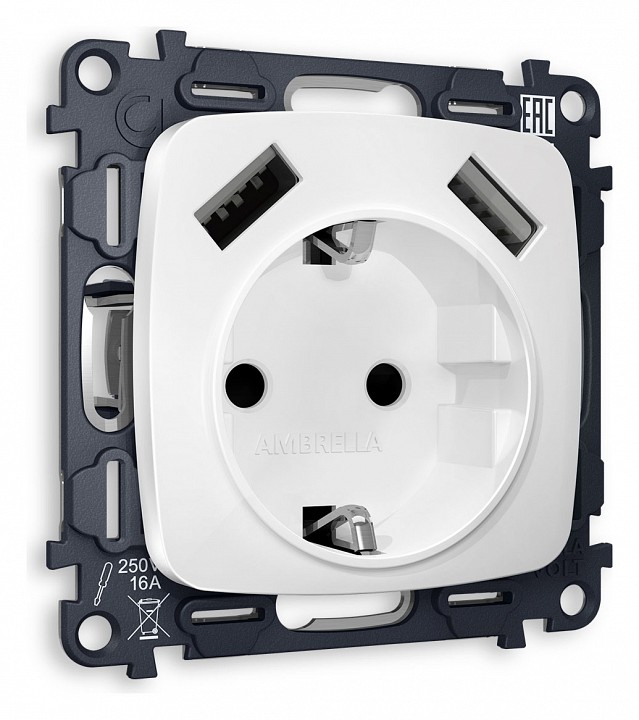 Розетка с заземлением и 2хusb type a, Без рамки ambrella volt quant mo129010