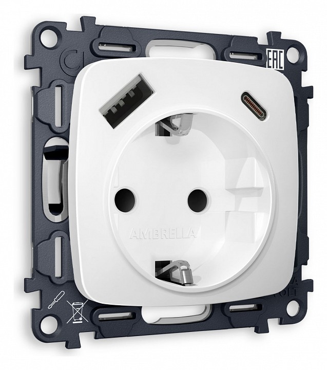 Розетка с заземлением и 2хusb type a и c, Без рамки ambrella volt quant mo130010