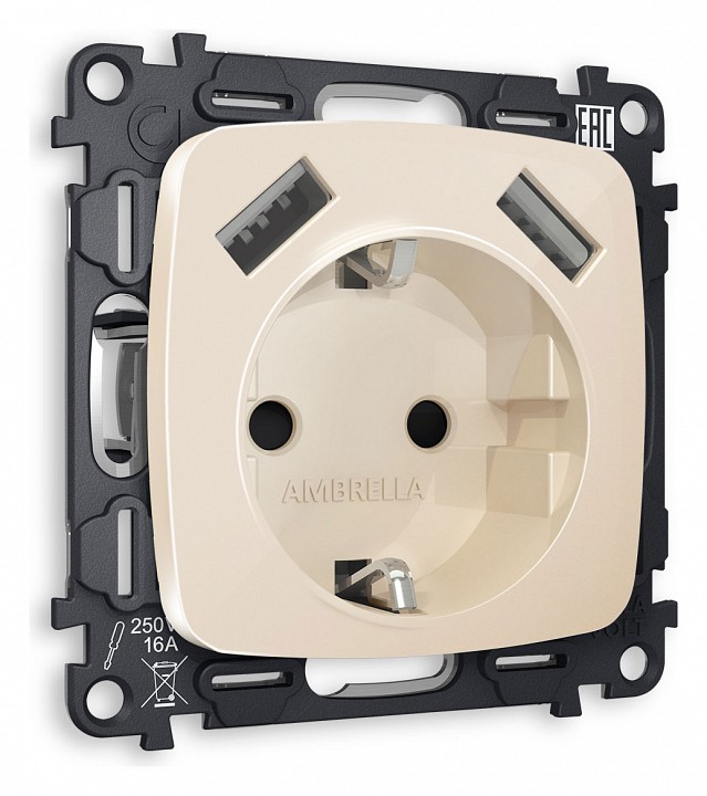 Розетка с заземлением и 2хusb type a, Без рамки ambrella volt quant mo309010