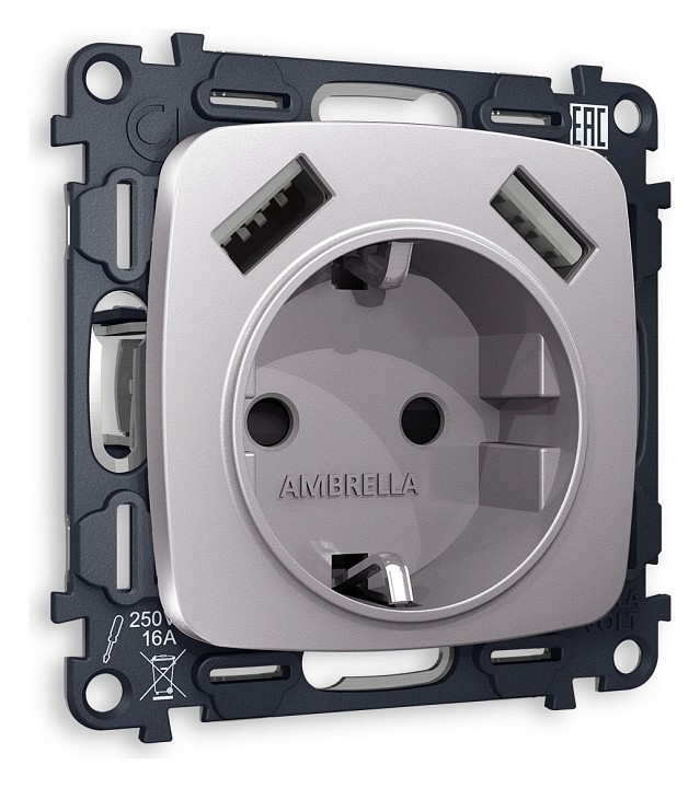 Розетка с заземлением и 2хusb type a, Без рамки ambrella volt quant mo509010