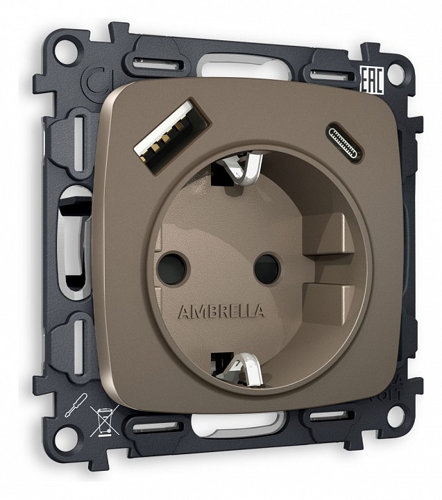 Розетка с заземлением и 2хusb type a и c, Без рамки ambrella volt quant mo640010