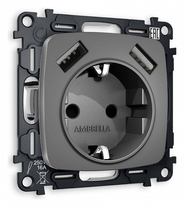 Розетка с заземлением и 2хusb type a, Без рамки ambrella volt quant mo659010