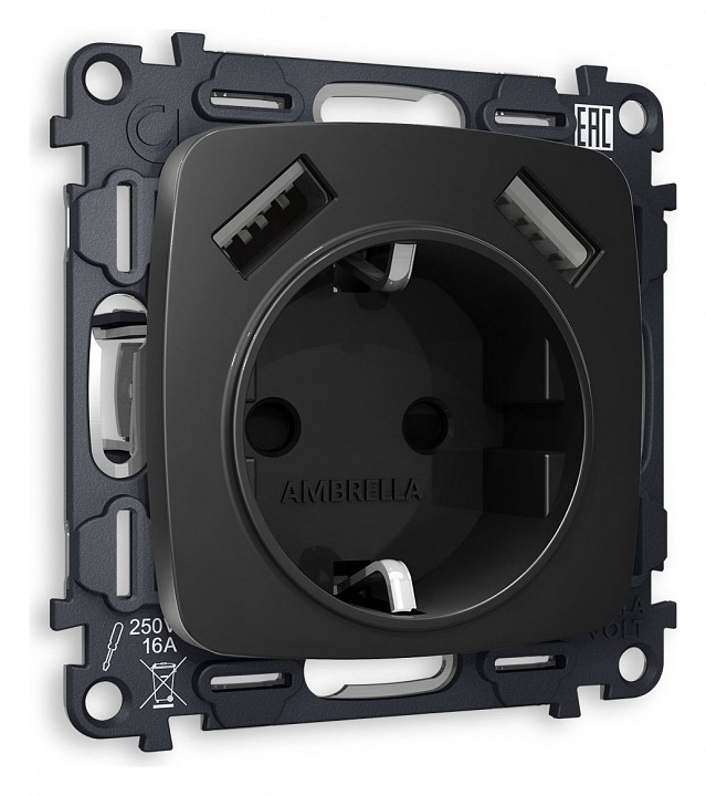 Розетка с заземлением и 2хusb type a, Без рамки ambrella volt quant mo809010