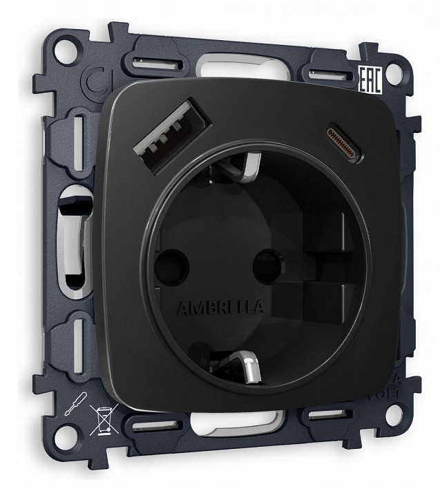 Розетка с заземлением и 2хusb type a и c, Без рамки ambrella volt quant mo810010