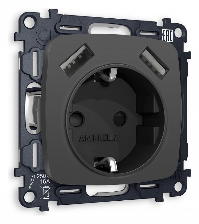 Розетка с заземлением и 2хusb type a, Без рамки ambrella volt quant mo909010