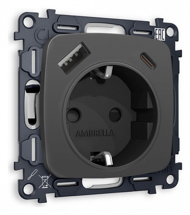 Розетка с заземлением и 2хusb type a и c, Без рамки ambrella volt quant mo910010