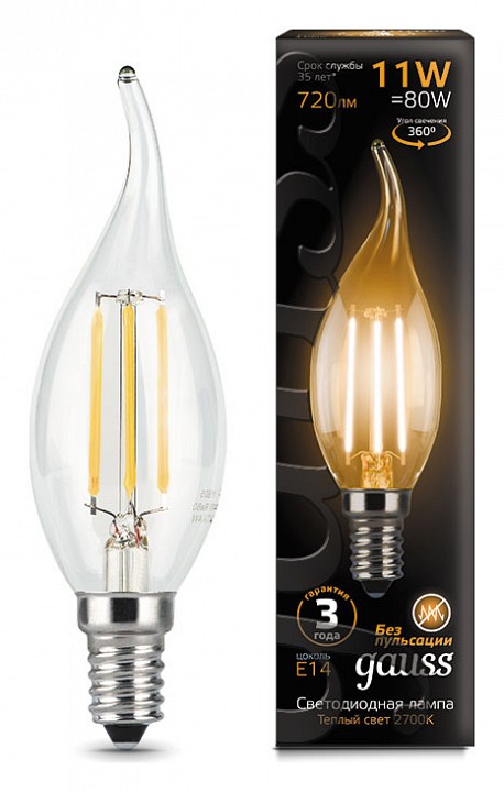 Лампа светодиодная gauss led filament e14 11вт 2700k 104801111