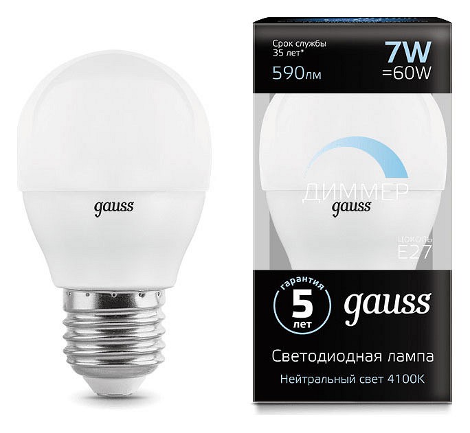 Лампа светодиодная gauss led globe-dim e27 7вт 4100k 105102207-d