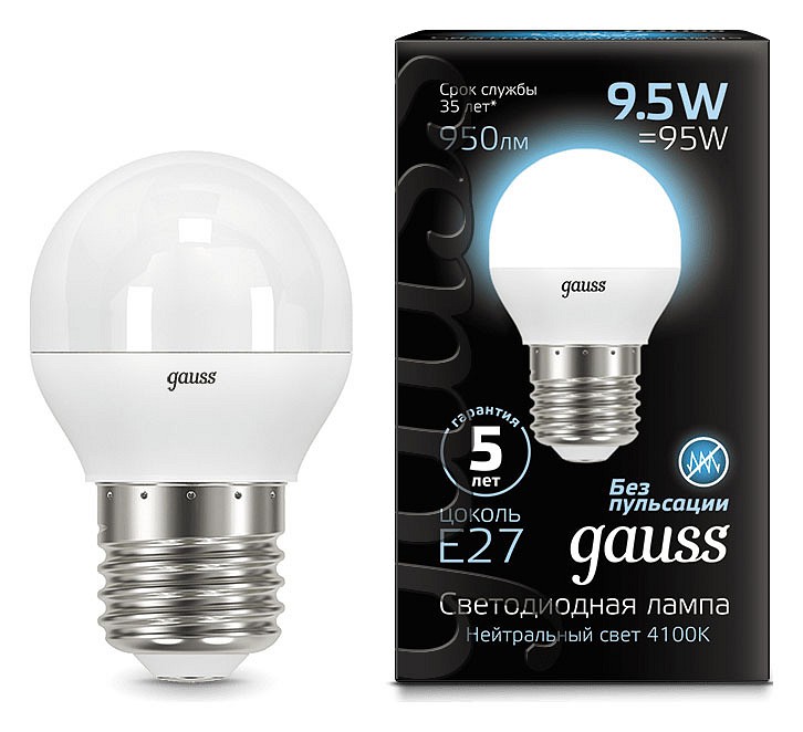 Лампа светодиодная gauss led globe e27 9.5вт 4100k 105102210
