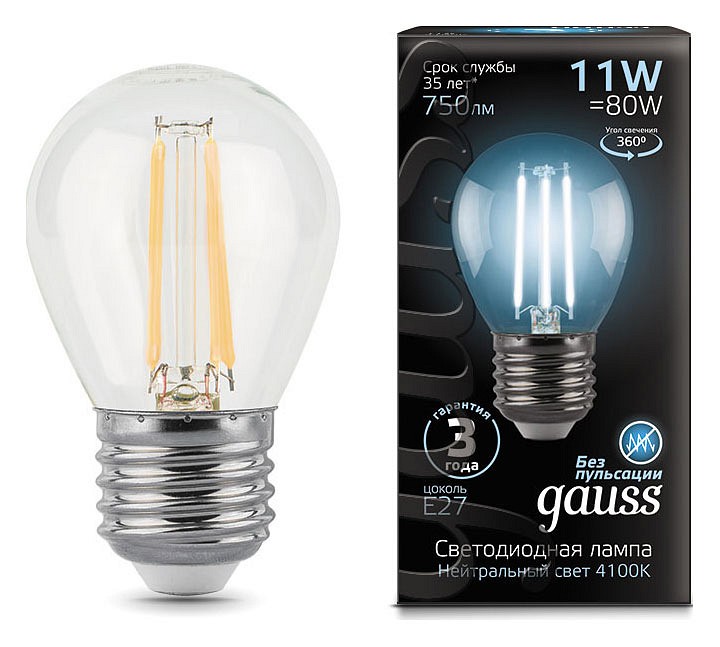 Лампа светодиодная gauss led filament e27 11вт 4100k 105802211