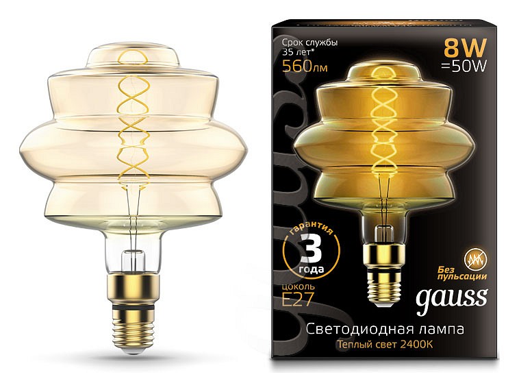 Лампа светодиодная gauss loft led vintage filament flexible e27 8вт 2400k 161802008
