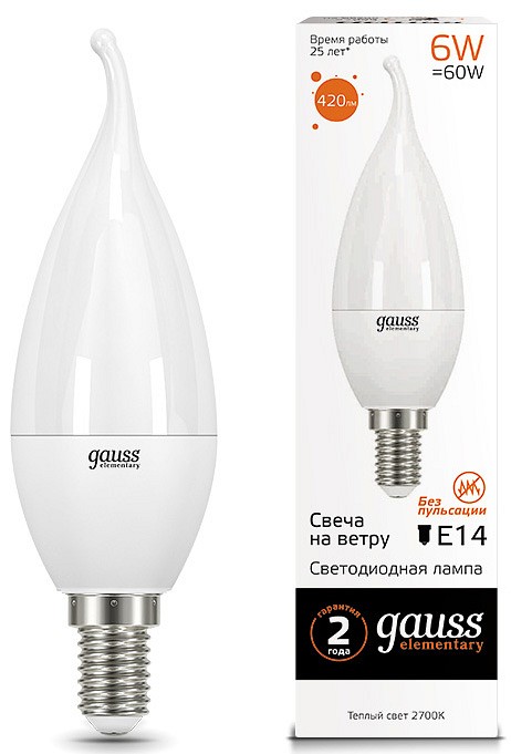 Лампа светодиодная gauss led elementary candle tailed e14 6вт 3000k 34116
