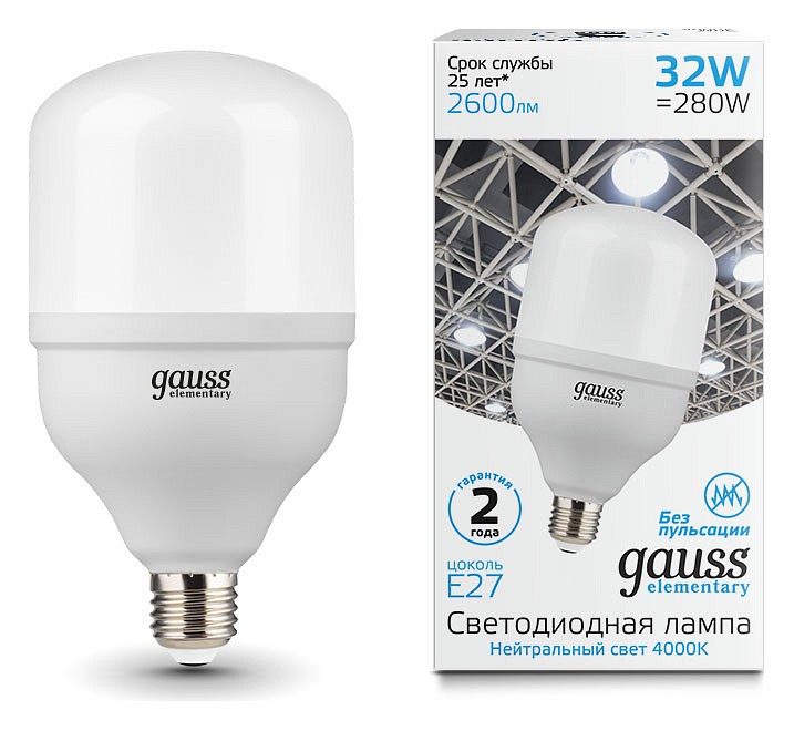 Лампа светодиодная gauss elementary led t100 e27 32вт 4000k 63223
