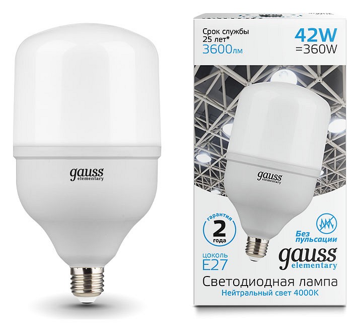 Лампа светодиодная gauss elementary led t120 e27 42вт 4000k 63224