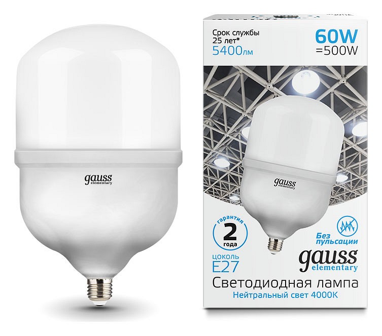 Лампа светодиодная gauss elementary led t160 e27 60вт 4000k 63226