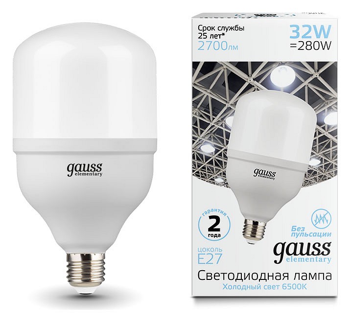 Лампа светодиодная gauss elementary led t100 e27 32вт 6500k 63233