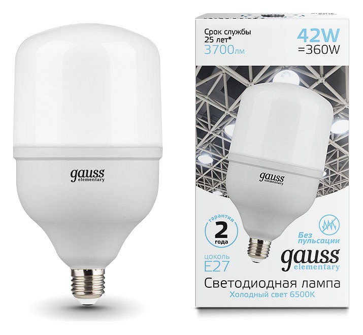 Лампа светодиодная gauss elementary led t120 e27 42вт 6500k 63234
