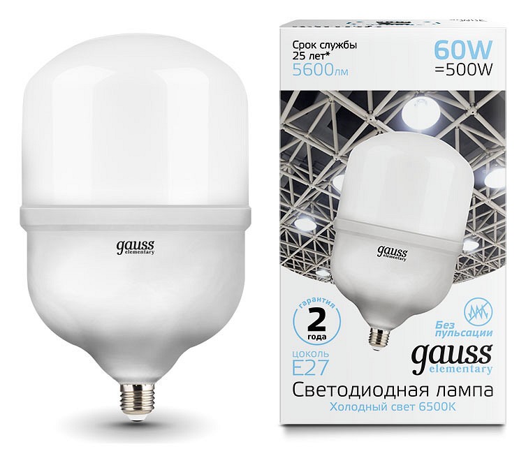 Лампа светодиодная gauss elementary led t160 e27 60вт 6500k 63236