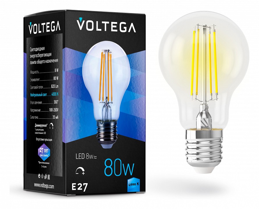 Лампа светодиодная voltega general purpose bulb e27 8вт 4000k 5490