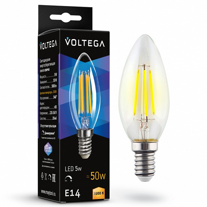 Лампа светодиодная voltega candle dim 5w e14 5вт 3000k 7200