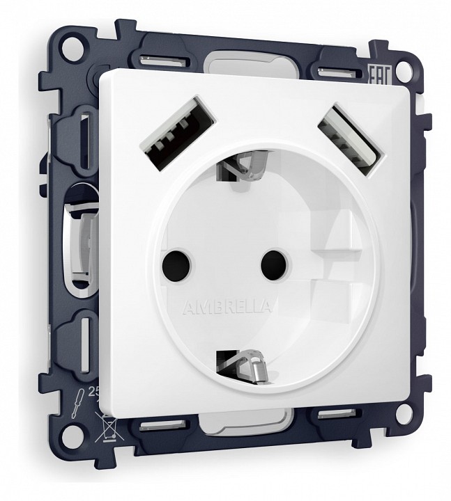 Розетка с заземлением и со шторкой и 2хusb type a, Без рамки ambrella volt quant ma109010