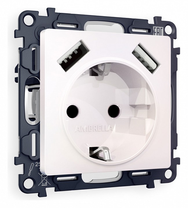 Розетка с заземлением и со шторкой и 2хusb type a, Без рамки ambrella volt quant ma209010