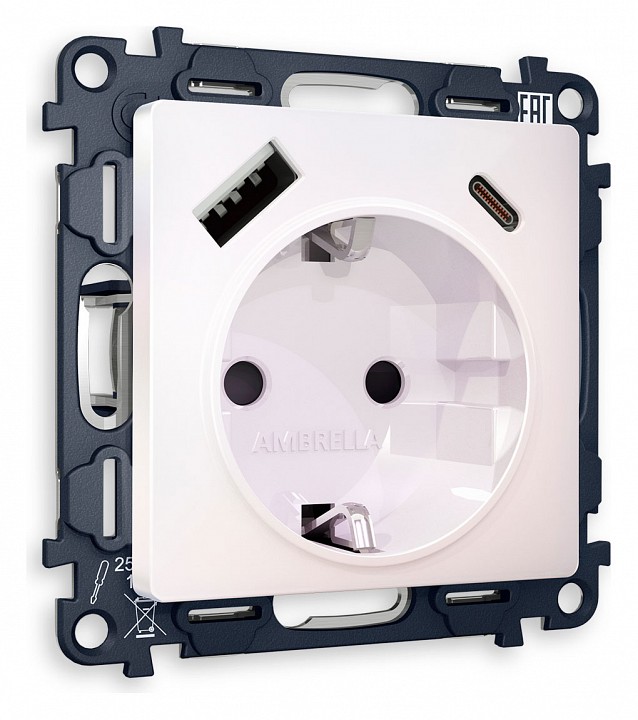 Розетка с заземлением и 2хusb type a и c, Без рамки ambrella volt quant ma210010