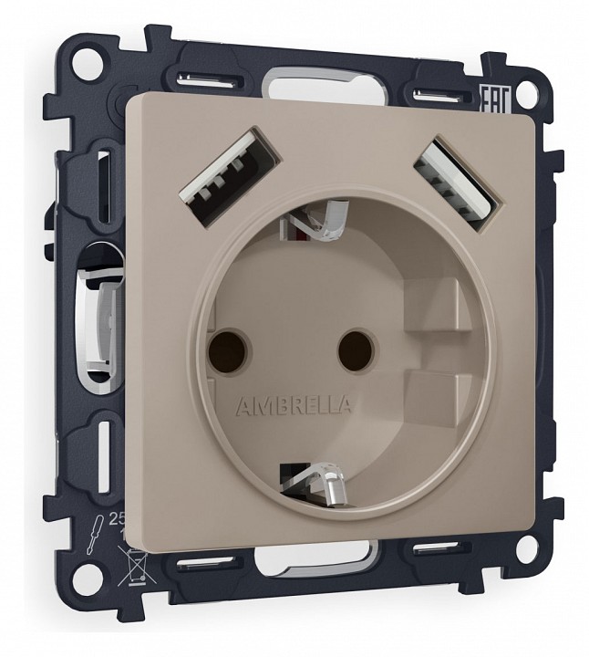 Розетка с заземлением и со шторкой и 2хusb type a, Без рамки ambrella volt quant ma369010
