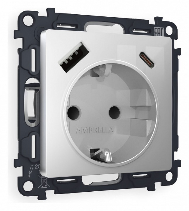 Розетка с заземлением и 2хusb type a и c, Без рамки ambrella volt quant ma410010