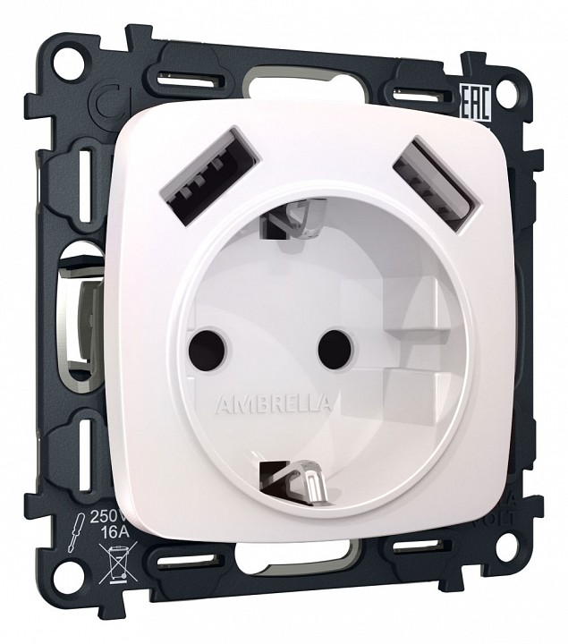 Розетка с заземлением и 2хusb type a, Без рамки ambrella volt quant mo209010
