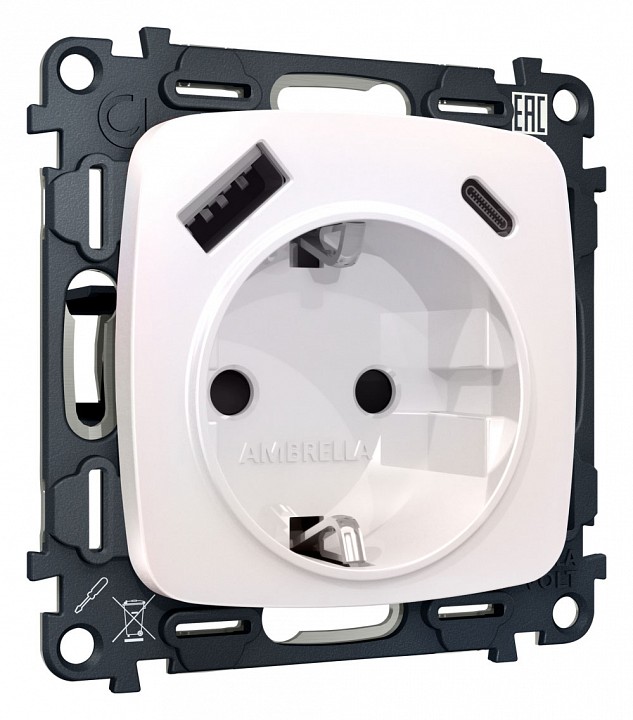 Розетка с заземлением и 2хusb type a и c, Без рамки ambrella volt quant mo210010