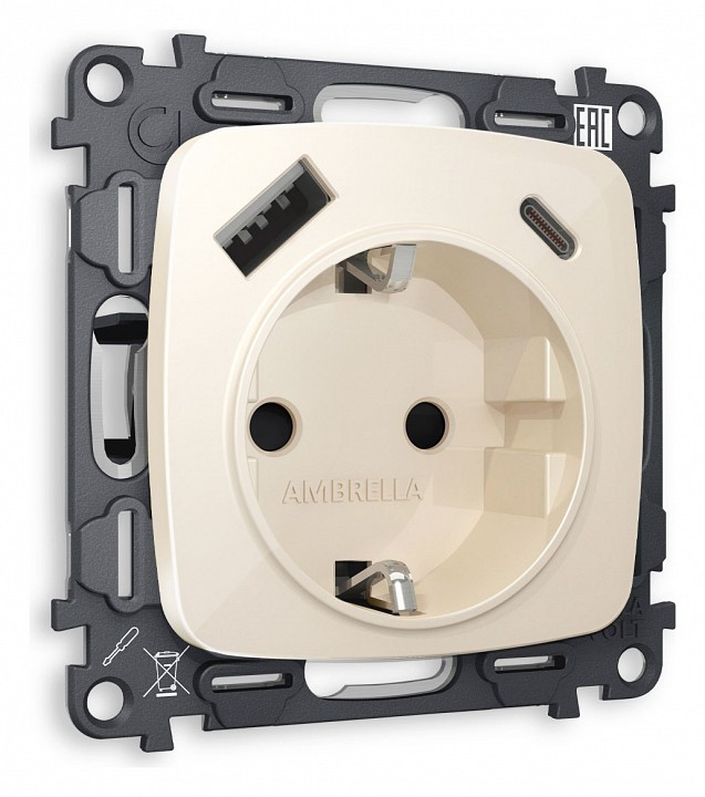 Розетка с заземлением и 2хusb type a и c, Без рамки ambrella volt quant mo310010