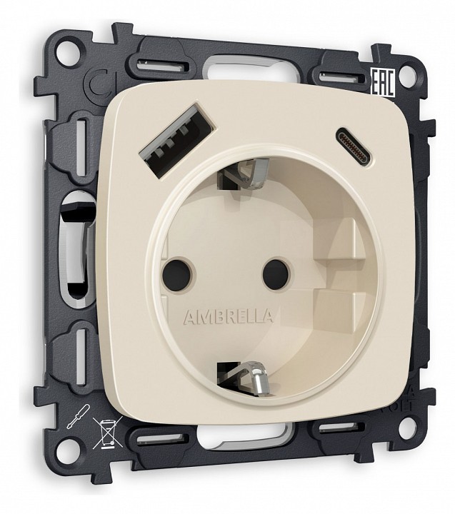 Розетка с заземлением и 2хusb type a и c, Без рамки ambrella volt quant mo330010