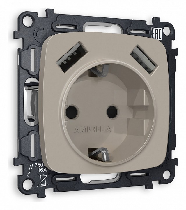 Розетка с заземлением и 2хusb type a, Без рамки ambrella volt quant mo369010