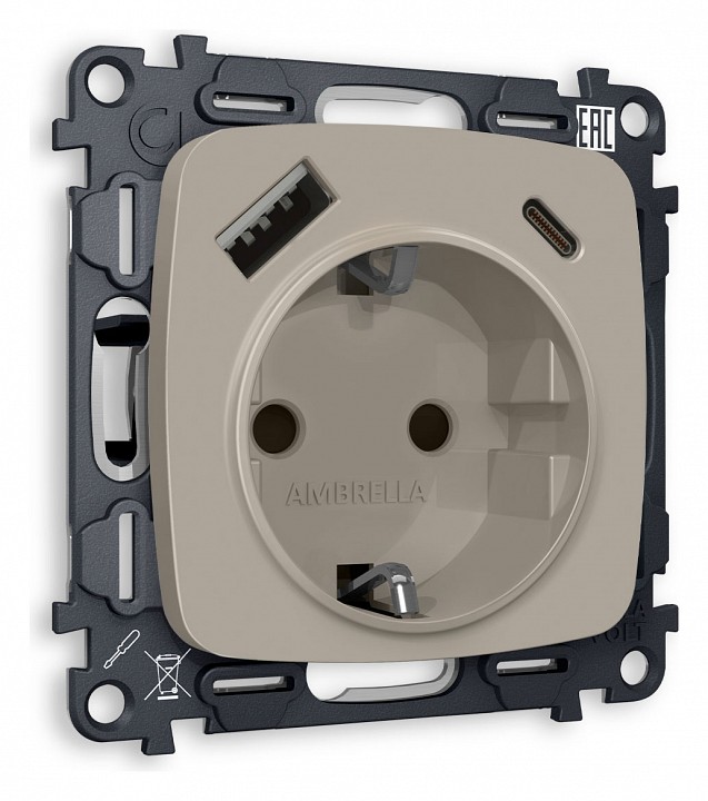 Розетка с заземлением и 2хusb type a и c, Без рамки ambrella volt quant mo370010