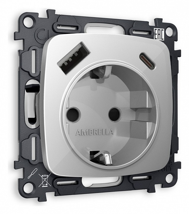 Розетка с заземлением и 2хusb type a и c, Без рамки ambrella volt quant mo410010