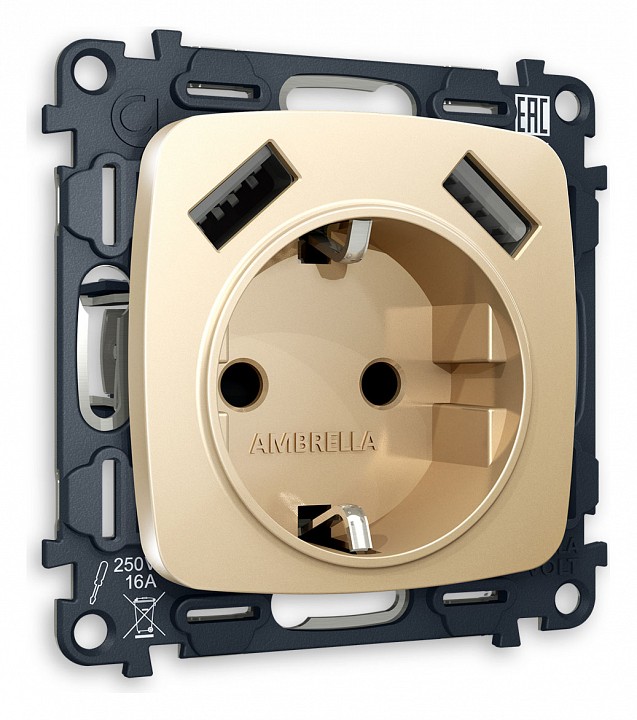 Розетка с заземлением и 2хusb type a, Без рамки ambrella volt quant mo609010