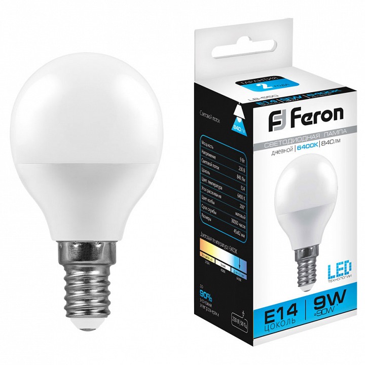 Лампа светодиодная feron lb-550 e14 9вт 6400k 25803