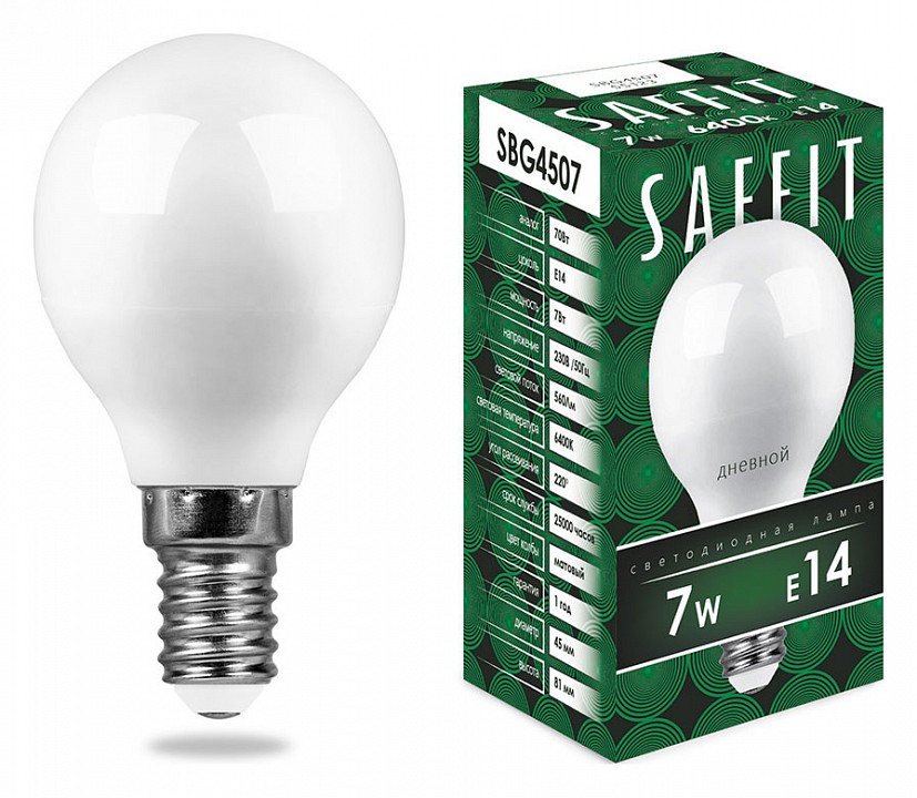 Лампа светодиодная feron saffit sbg4507 e14 7вт 6400k 55123