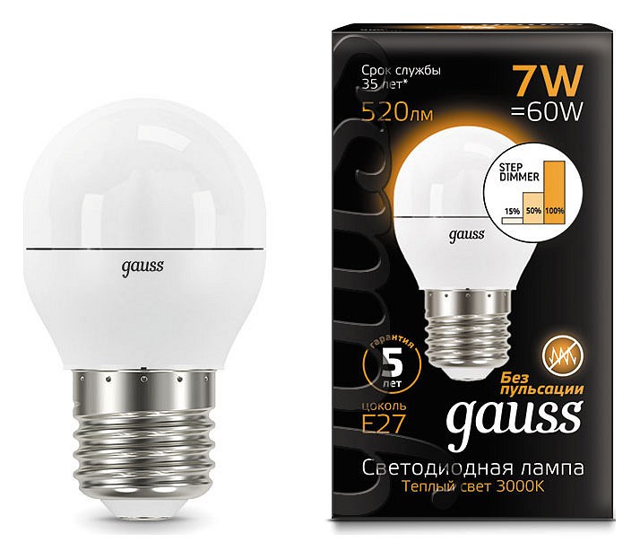 Лампа светодиодная gauss led globe e27 7вт 3000k 105102107-s