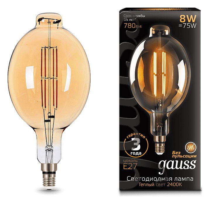 Лампа светодиодная gauss led vintage filament e27 8вт 2400k 151802008